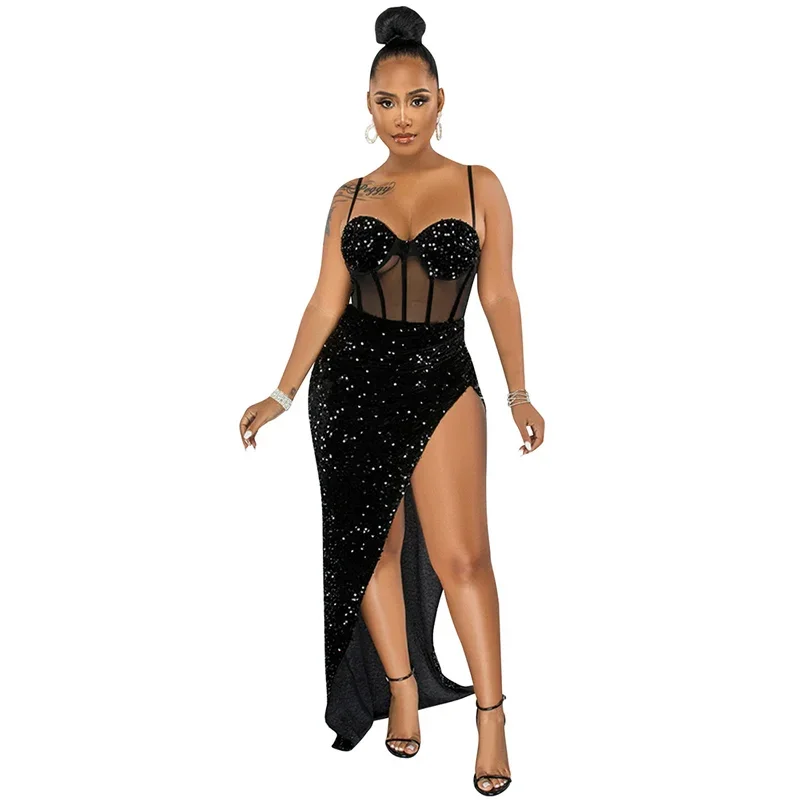 

Sexy Women Mesh See-Through Elegant Dresses Fashion Splicing Shiny Sequins Backless Suspenders Gown Split Hem Female Gala Dress