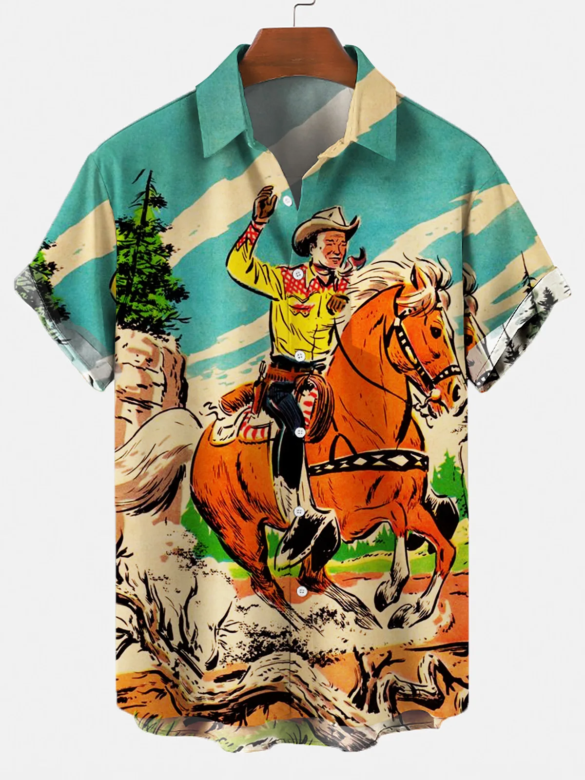 Hawaiian Cowboy Men's Shirt Cool 3D Digital Print Plus Size Western America Men's Top With Pocket Vintage Style Summer Outerwear 4