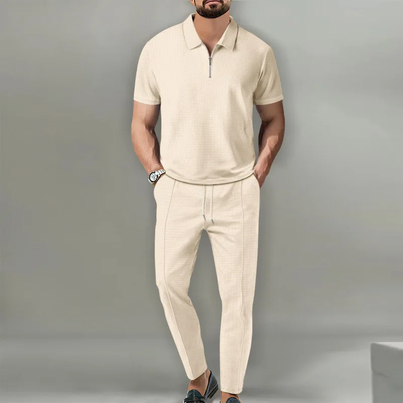 2-piece set of 2025 Spring and Autumn men's solid color set, waffle collar short sleeved zipper pants set 1