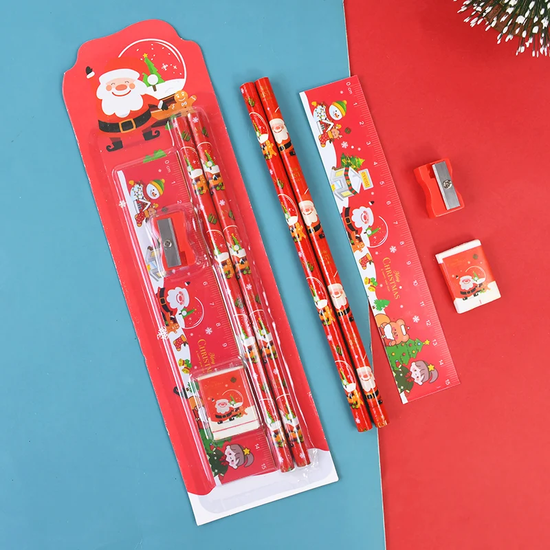 Christmas Stationery Set Kids Cartoon Pencils Eraser Ruler Sharpener Kit Office School Supplies Back To School Gift Kids Rewards