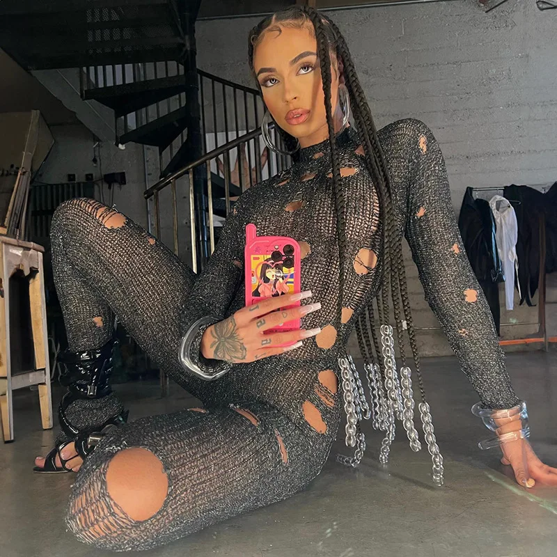 

Women Turtleneck Long Sleeve Back Lace Up Skinny Casual Stretch Streetwear Woolen Overalls Hollow Out Rompers Hole Knit Jumpsuit