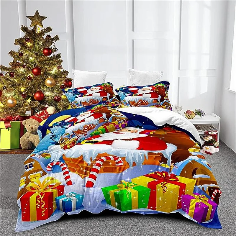 

Merry Christmas Duvet Cover Santa Claus Snowman Snowflake Tree Gift Box Bedding Set Red White New Year Holidays Bed Sets Kids