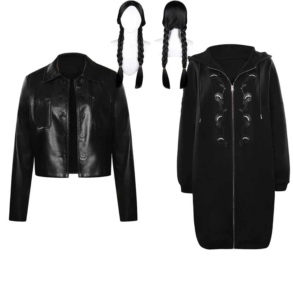

Wednesday Cosplay Addams Costume Long Coat Wig Outfits Halloween Carnival Party Suit For Girls Disguise
