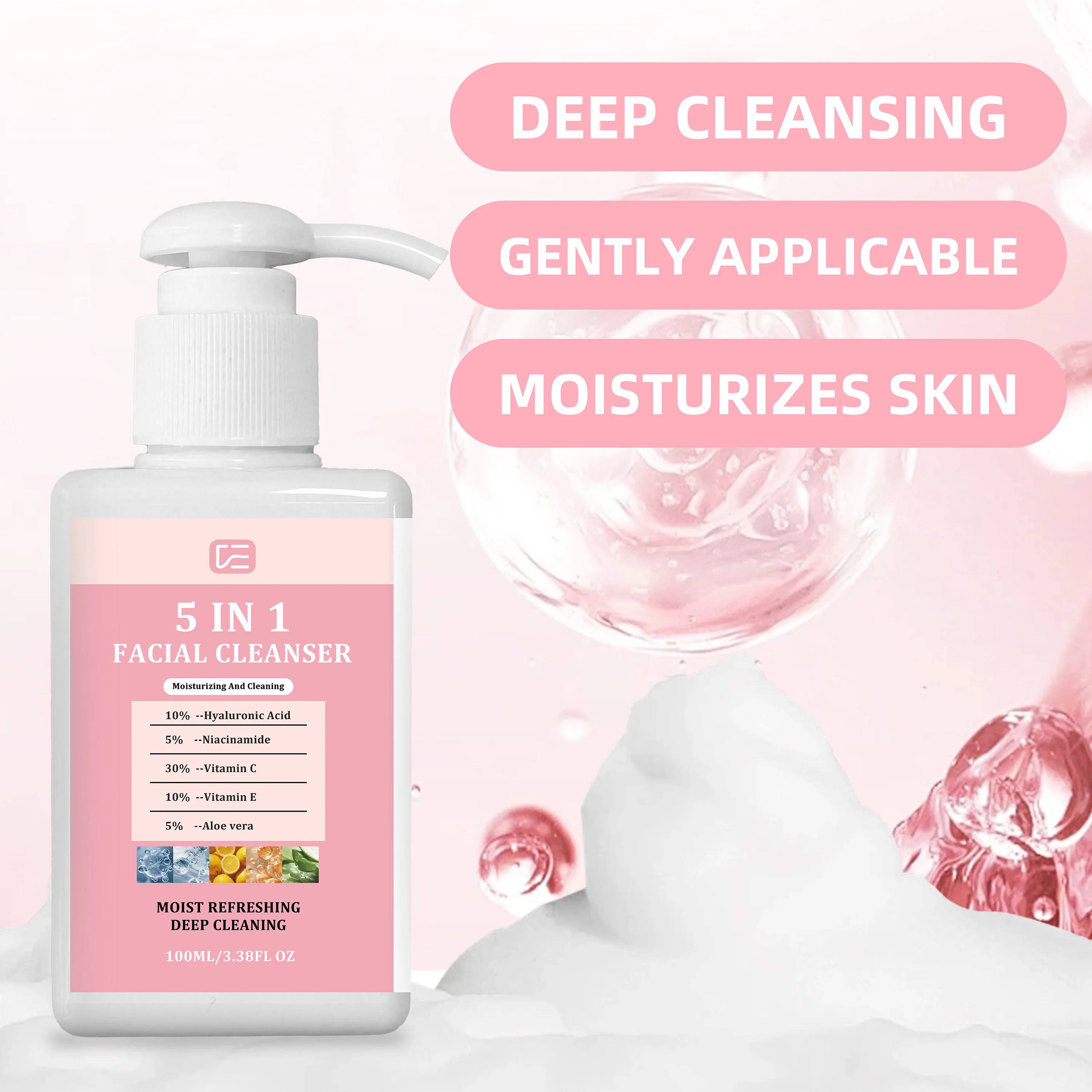 5-in-1 gezichtsreiniger 100 ml / 3,38 fl oz. Milde, niet-uitdrogende, hydraterende reiniger voor normale/vette/gecombineerde huid. Gezicht, lippen, ogen, make-up remover._voghion.com