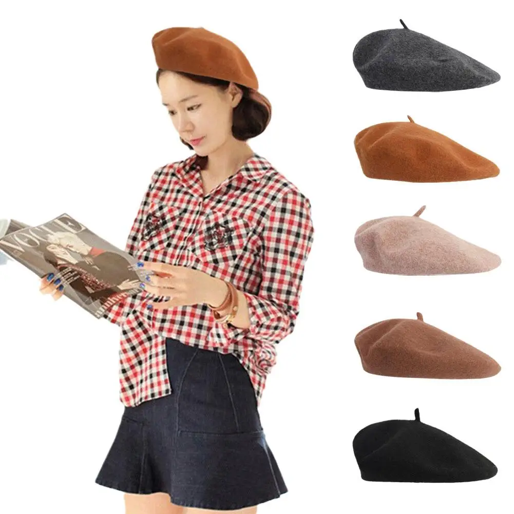 

Winter Women Wool Berets French Artist Style Warm Hat Autumn 2023 Lady Plain Matched Elegant Color Caps Beret Retro Solid A Z8D1