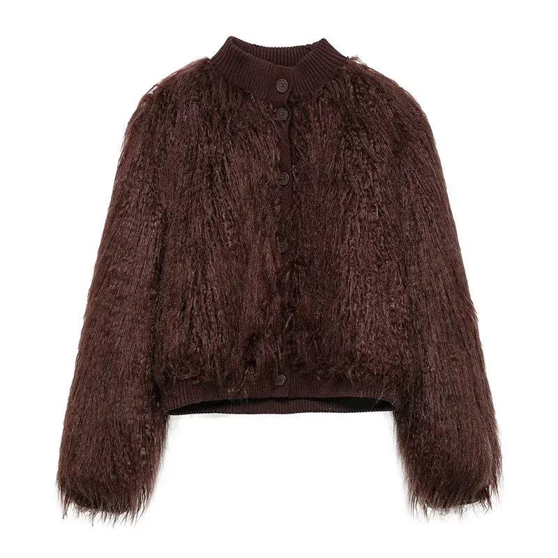 Fashion Burgundy Fur Coats Women Warm Thick O-neck Long Sleeve Loose Jackets Female 2025 Autumn Winter Party Outwear