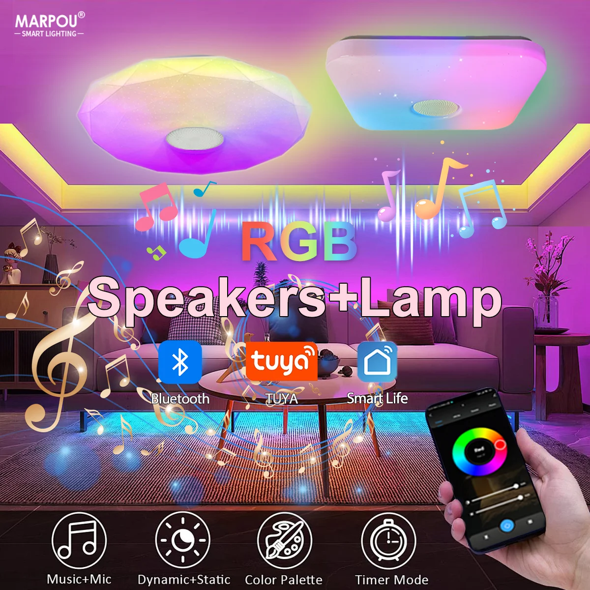 Умная Светодиодная лампа RGB с подсветкой и динамиком, 36 Вт, 220 В