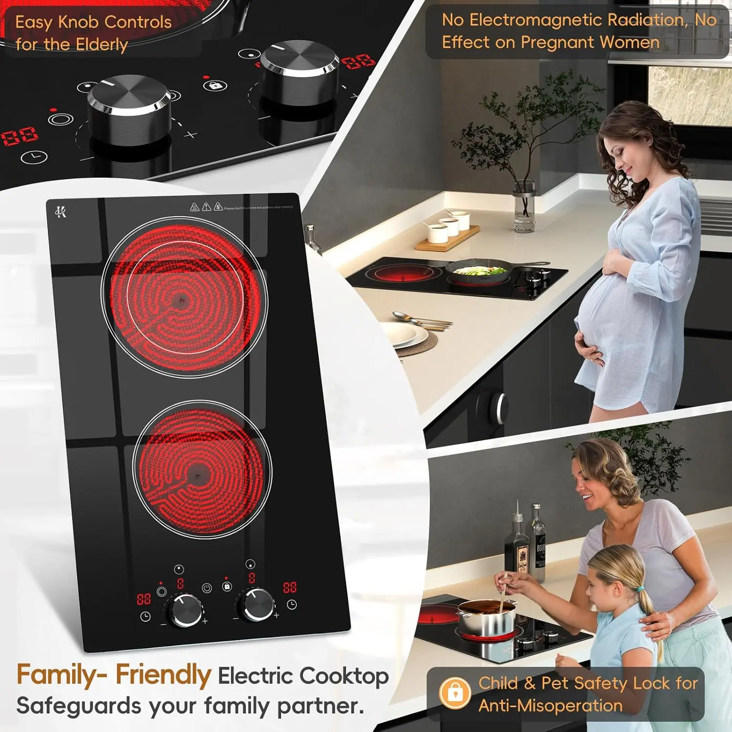 2 Burner Electric Cooktop 120V, 1800W Radiant Electric Stove Top with Countertop & Built-in Design, 12 inch Knob Control