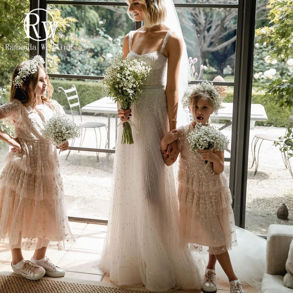 

Ramanda Simple Wedding Dress For Bride 2024 Square Collar Spaghetti Straps Glitter A-Line Bridal Gown Elegant Robe De Mariée