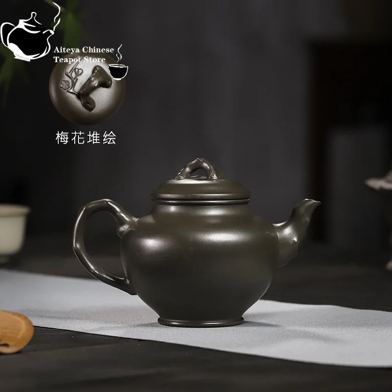 Yixing handmade purple clay teapot, jade, green purple clay, plum blossom, spring, one pot, two cups, Kung Fu tea set, teapot 32
