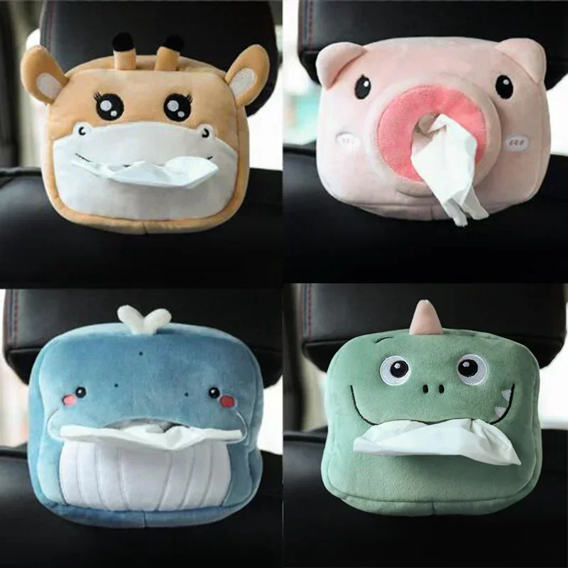 Cute Plush Cartoon Car Tissue Box Holder Animals Napkin Paper Car Portable Box Multi-function Decoration Car Accessories
