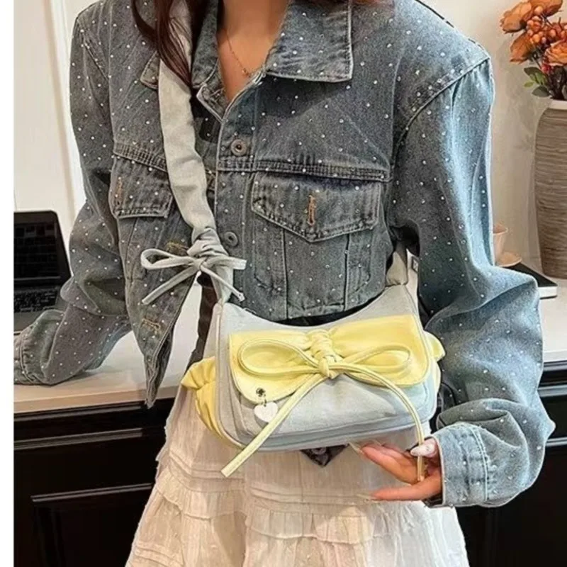 JIAERDI Sweet Cool Denim Shoulder Bags Women Harajuku Bow Chic Cute Y2k Handbag Purse Ladies Casual Blue Underarm Bag Aesthetic