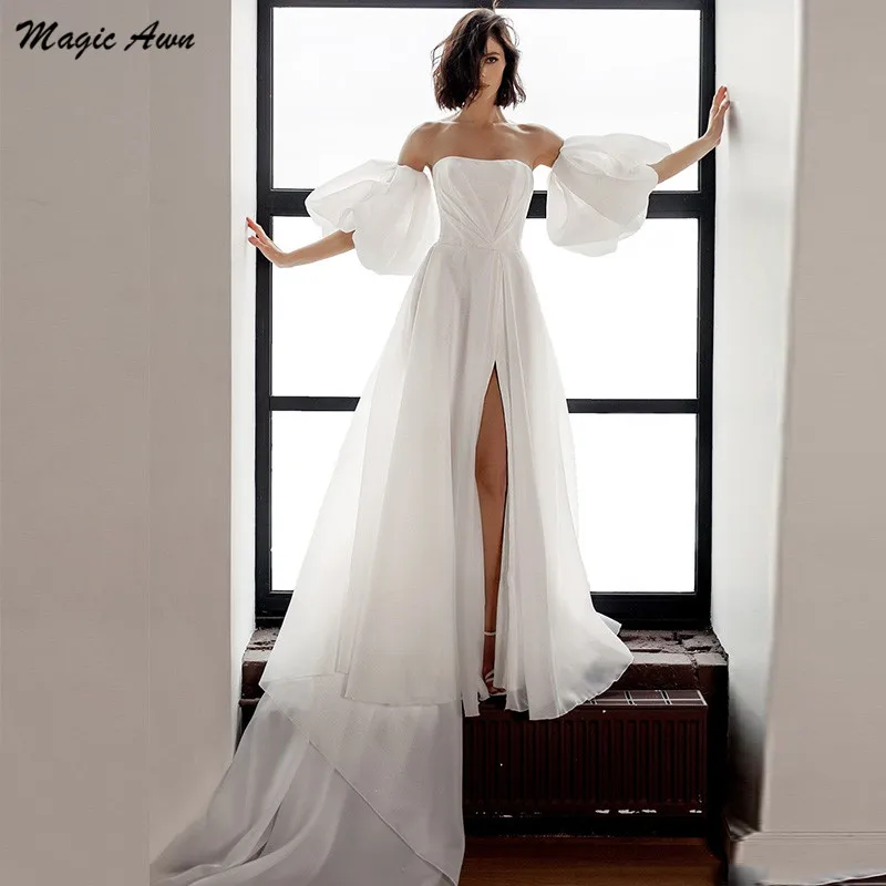 

Magic Awn Boho Wedding Dresses Thigh Slit Short Puffy Sleeves Simple Organza White Beach Bridal Gowns Lace-Up Back Mariage