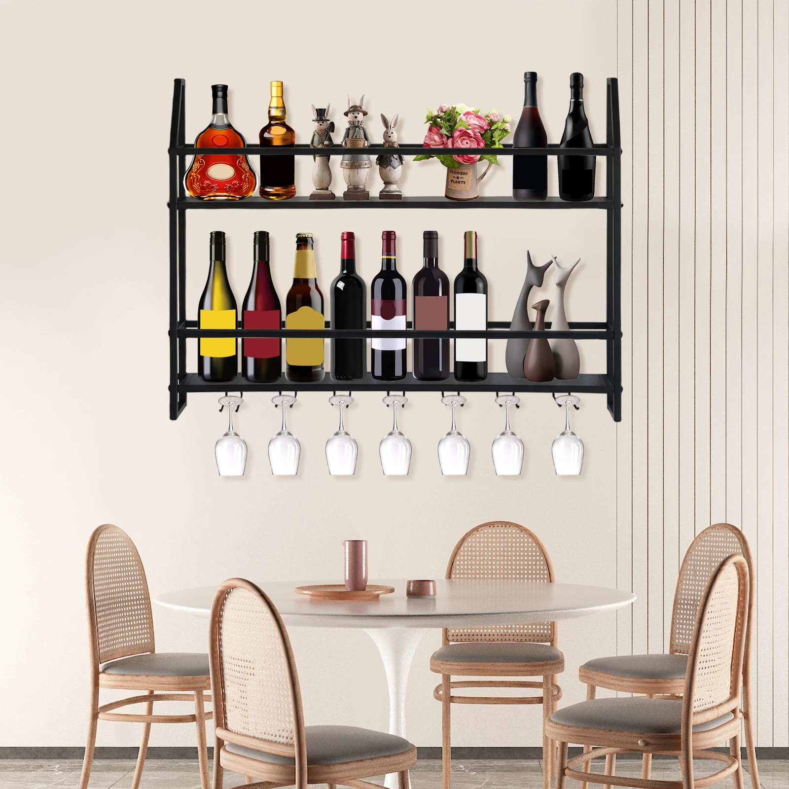 

Wall Mounted Iron Wine Rack Bottle Champagne Glass Holder Shelves Bar Home Party Light and Strong Durable Unique Design Decor