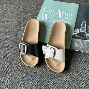 ⁦Comemore Flat Slippers Casual Shoes Fashion Leather Buckle Beach Slides Flip Flop White Yellow Round Toe Summer Women Sandals43⁩ – תמונה ⁦4⁩