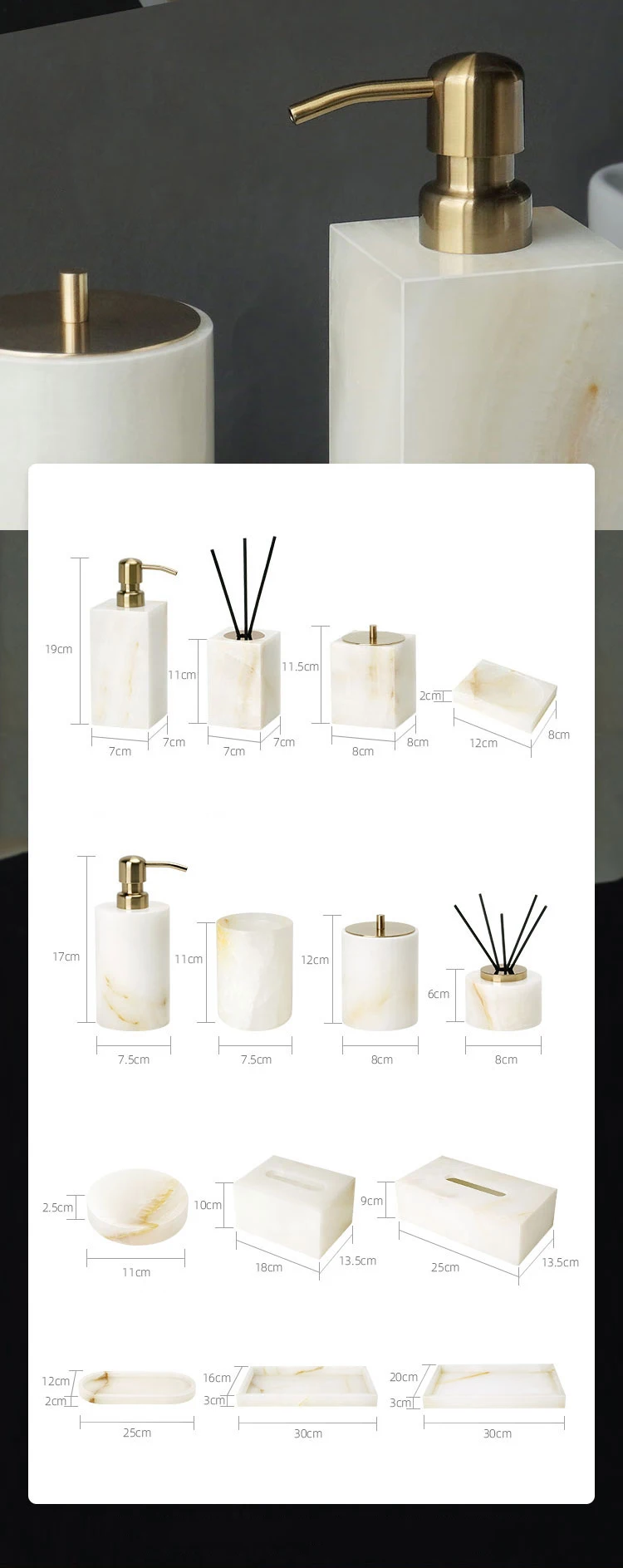 White Onyx Marble Bathroom Set Soap Dispenser Tissue Box Vanity Tray