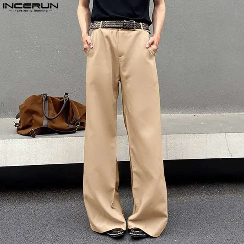 

INCERUN 2023 Korean Style New Men's Pantalons Side Buckle Flared Wide Leg Pants Casual Streetwear Solid All-match Trousers S-5XL