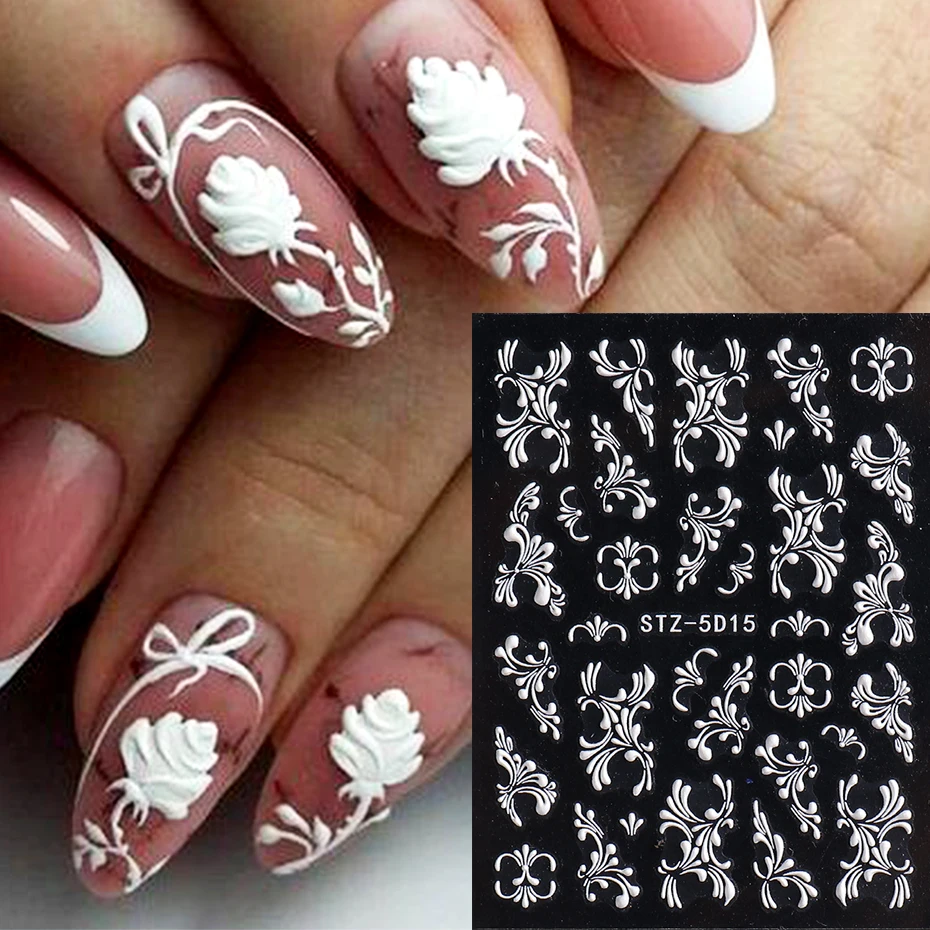 

Рельефная наклейка для ногтей 5D с белыми розовыми кружевами, чистый элегантный узор, рельефное украшение для ногтевого дизайна, слайдер для гель-лака для маникюра