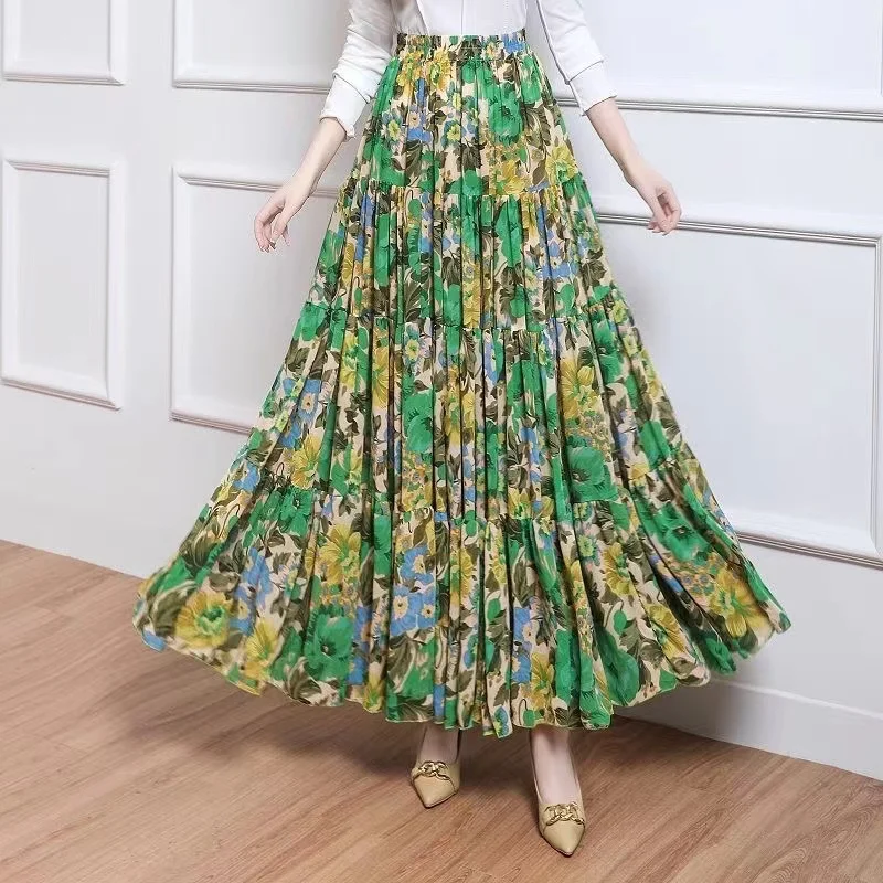 

Free Shipping 2023 Fashion Long Chiffon Skirt Floral Printed Maxi Boho Skirts For Women Elastic High Waist Bohemian Skirts