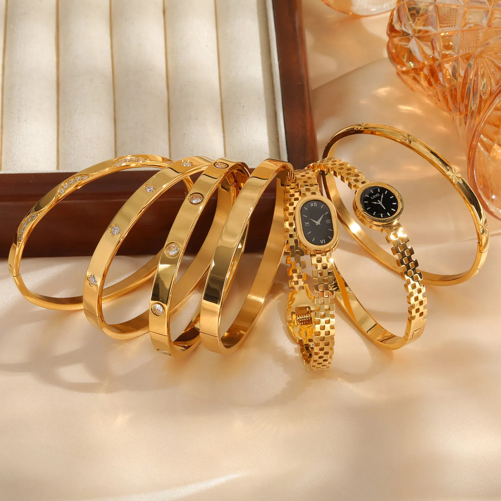 Stainless Steel Bracelet Women Fashion Stainless Steel Watch Shaped Cuff Bangle, Gold Color Metal Bracelets, Elegant Lady Wristband Jewelry Gift