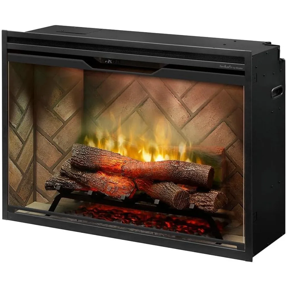 36 Inch Built-in Electric Fire Box - Herringbone Brick Background - Front Glass Panel, Fire Box and Plug Kit 4
