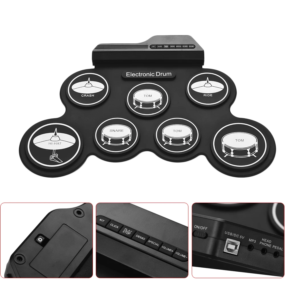 S55de31f4822f49cf99a452c304a90e106 Electronic Drum Kit USB Roll-Up Silicon Drum Set Digital 7 Drum Pads with Drumsticks Foot Pedals for Beginners Children Kids Mallzona