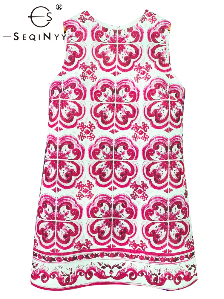 

SEQINYY Pink Vest Dress Summer Spring New Fashion Design Women Runway High Street Jacquard Vintage Flowers Print Sicily