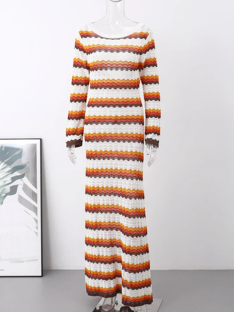 Women's Cotton Knitted Bodycon Backless Dress Striped Hollowed Out Flared  Sleeves Ruffle Vestidos O-neck Vacation Wave Cut Robe - AliExpress 200000345