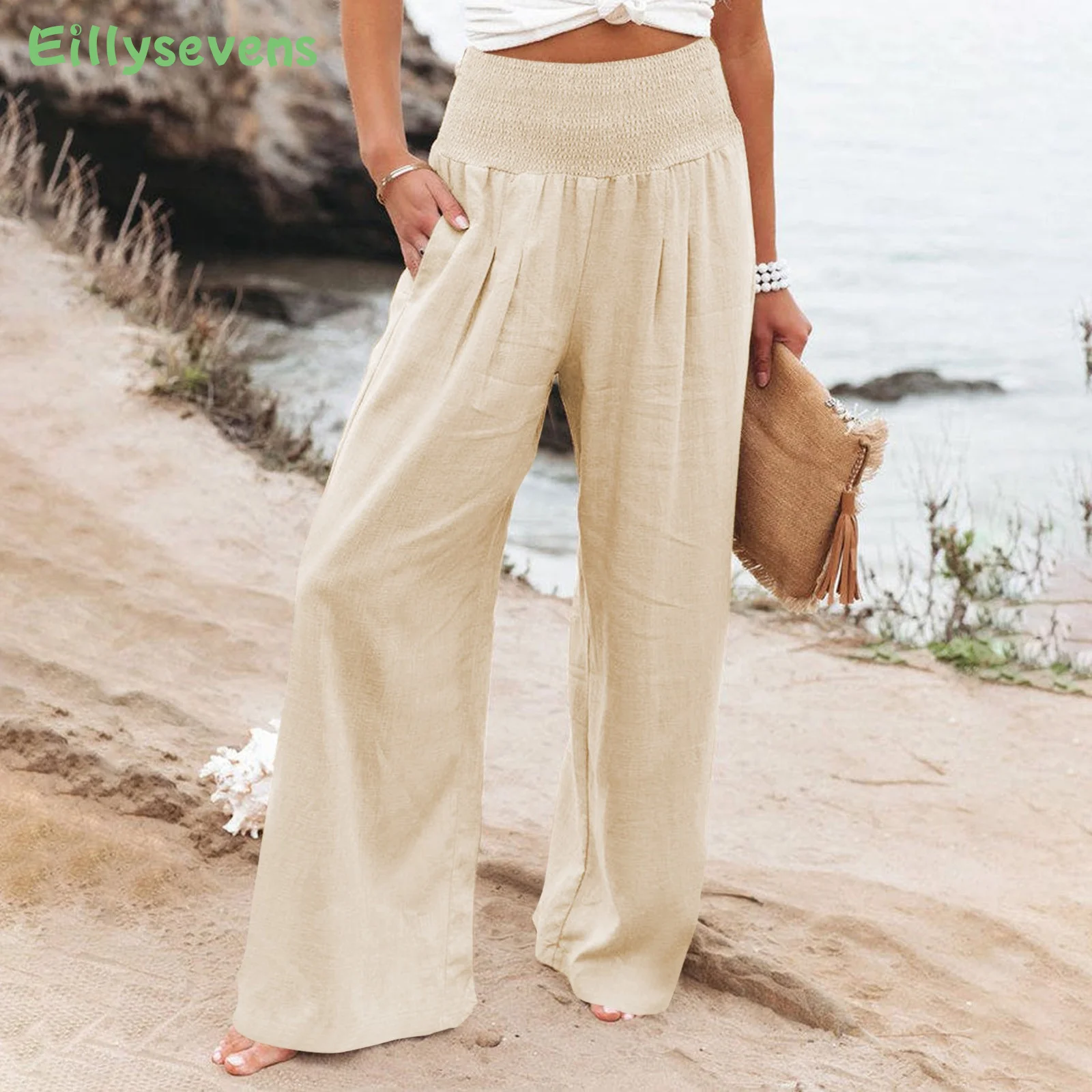 

Women Cotton Linen Loose Wide Leg Pants 2023 Spring Summer Office Lady Casual Solid Jogger Elastic Waist Oversized Trousers