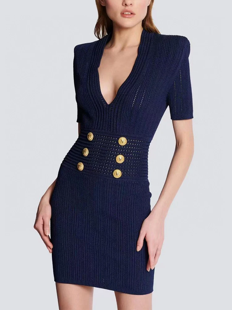 

HIGH STREET Newest 2024 Designer Fashion Women's V-Neck Short Sleeved Double Breasted Knit Dress
