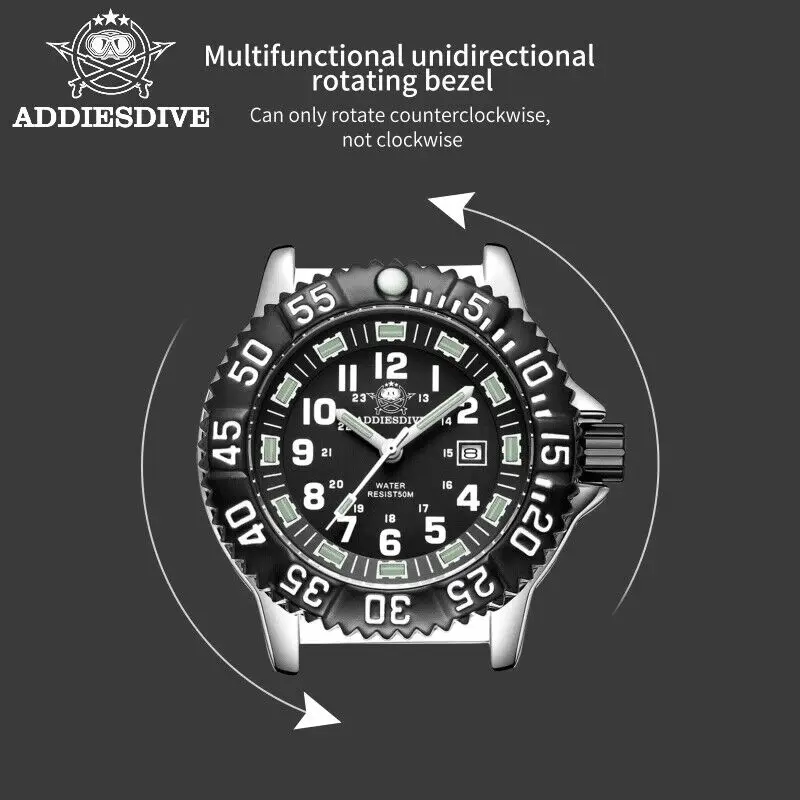 ADDIESDIVE NEW Quartz Watch Men Wristwatch 316L Stainless Steel 50m Waterproof Watch Luminous Hand 51mm Alloy Case Sports Watch