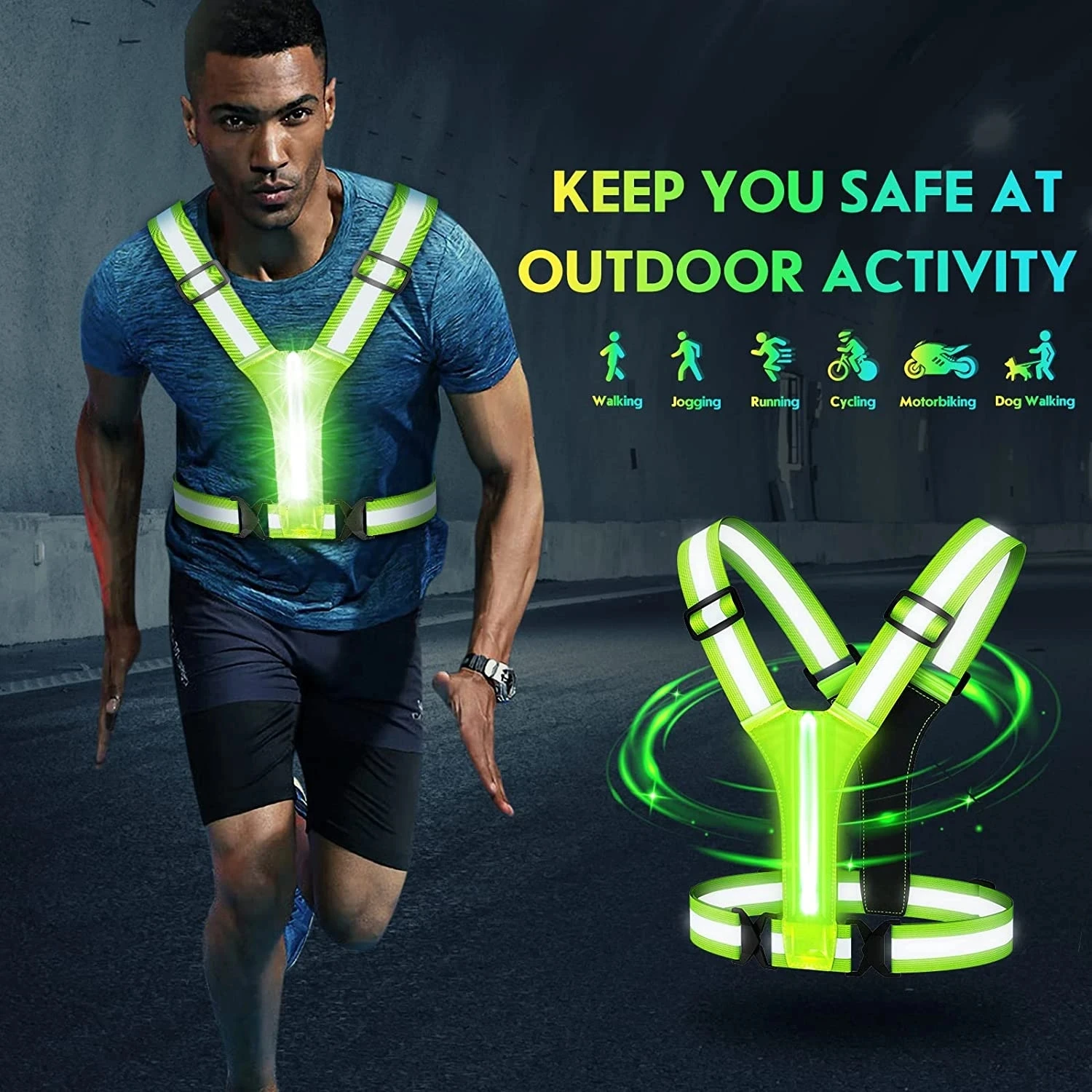 LED Reflective Vest Cycling Reflective Safety Vest Electric Scooter Flashing USB Rechargeable LED Running Jogging Fish