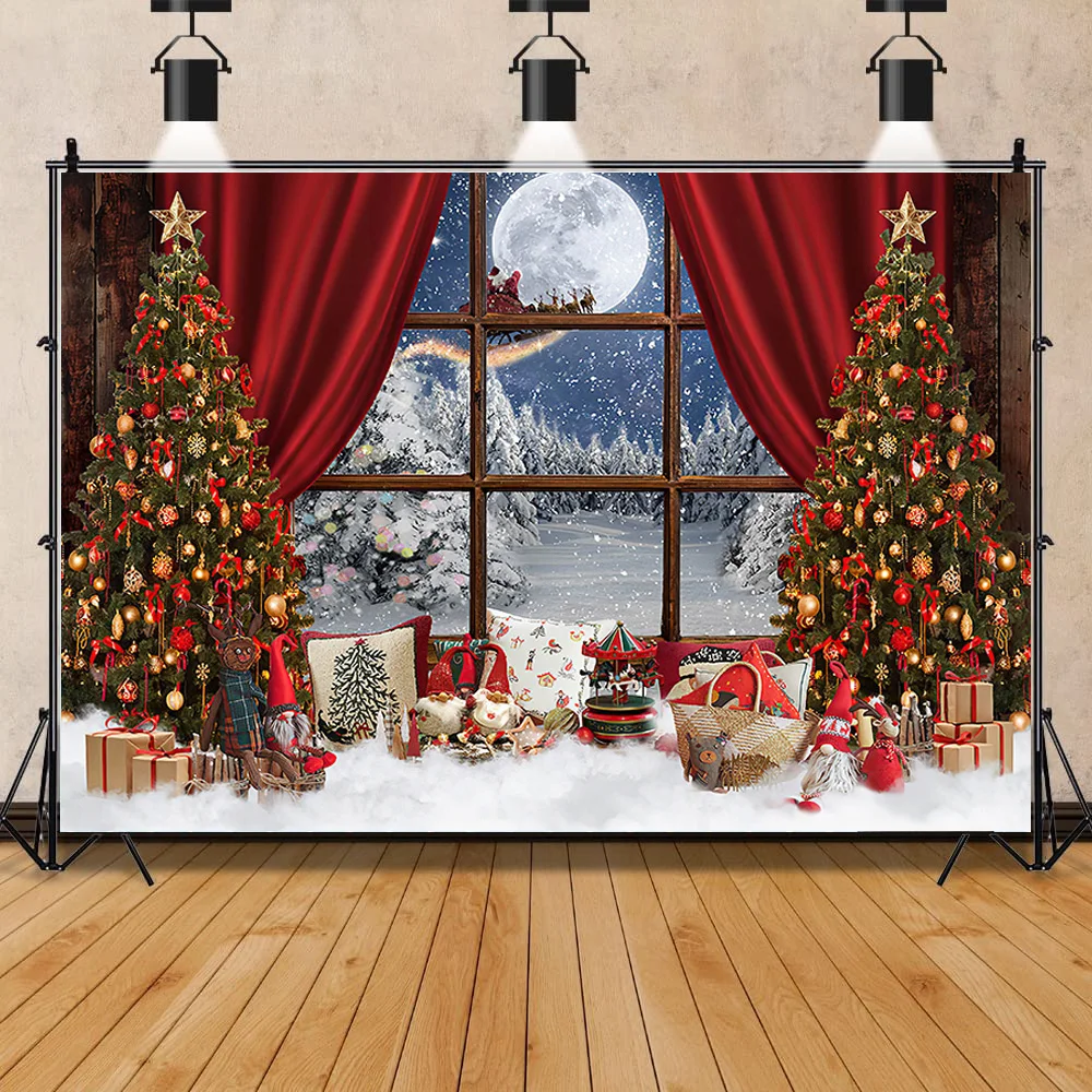 SHUOZHIKE Christmas Tree Flower Wreath Wooden Gift Photography Backdrop Window Snowman Cinema New Year Background Prop GH-79 Photo Backdrop Photography Auxiliary Props
