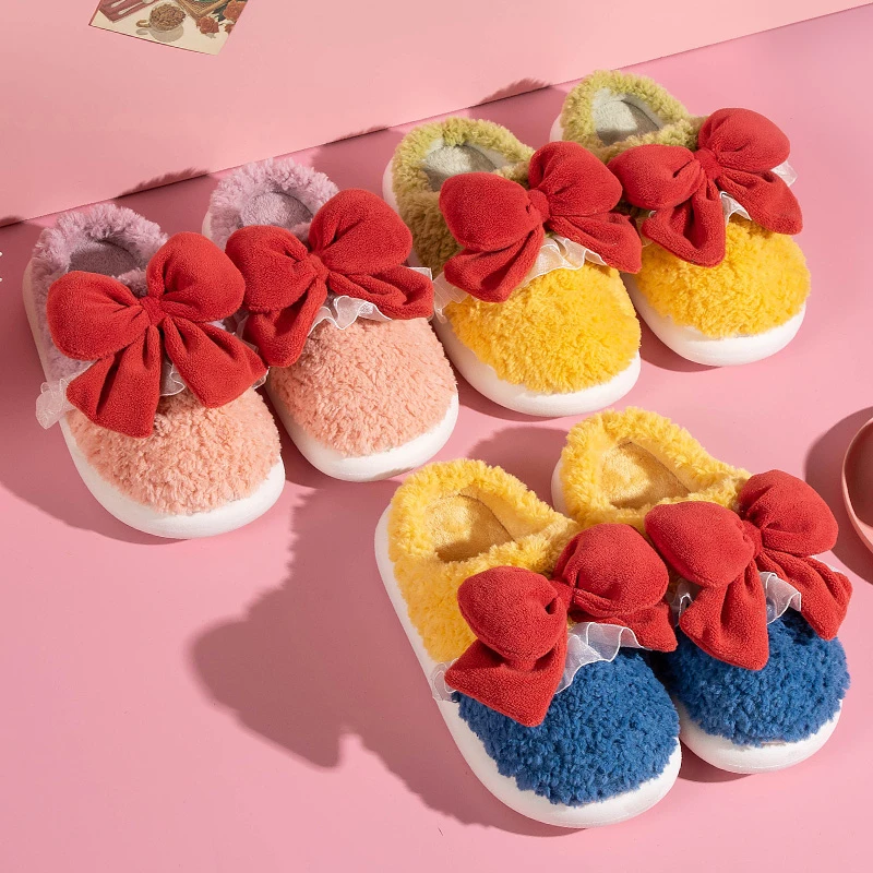 

Сланцы женские с большим бантом, Нескользящие, на толстой подошве, на платформе, теплые тапочки, домашняя обувь, Осень-зима