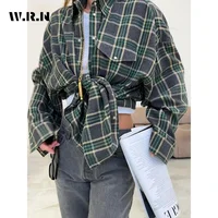 Fashion Baggy Plaid Women'S Blouse Elegant Lapel Long Sleeve Shirts And Blouses Vintage Pocket Lace-Up Top Female 2025