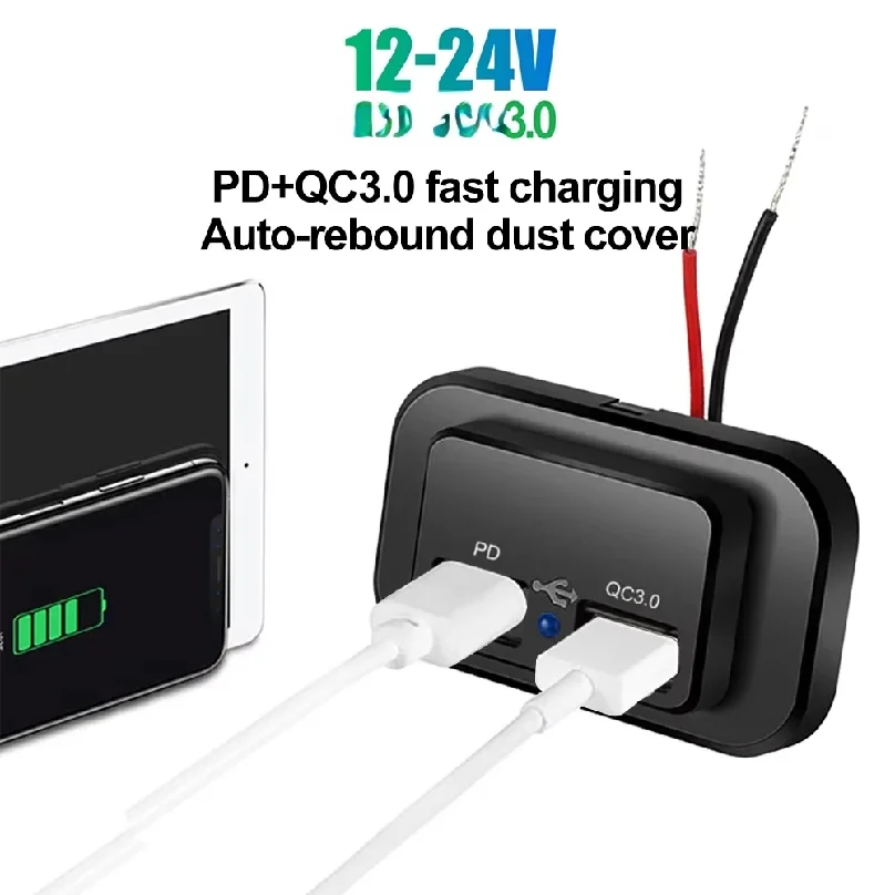 PD QC3.0 96W 듀얼 USB 차량용 충전기 소켓 12V/24V 퀵차지 충전 포트 스위치 LED 라이트 포함 (자동차, 오토바이, 트럭, RV, 버스, ATV용)