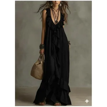 Women's Casual Boho Style Sexy Deep V-Neck Ruffle Sleeveless Dress Summer Fashion Elegant Female Vest Beach Vacation Maxi Dress 1