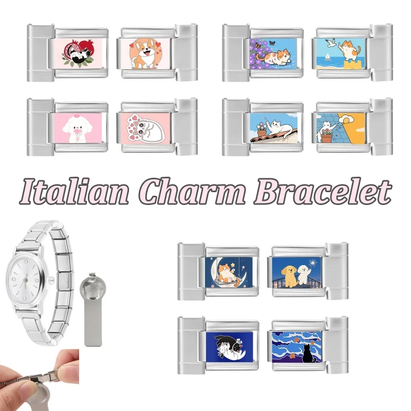 Cartoon Cat Dog Watch Connector 9mm Stainless Steel Bracelet