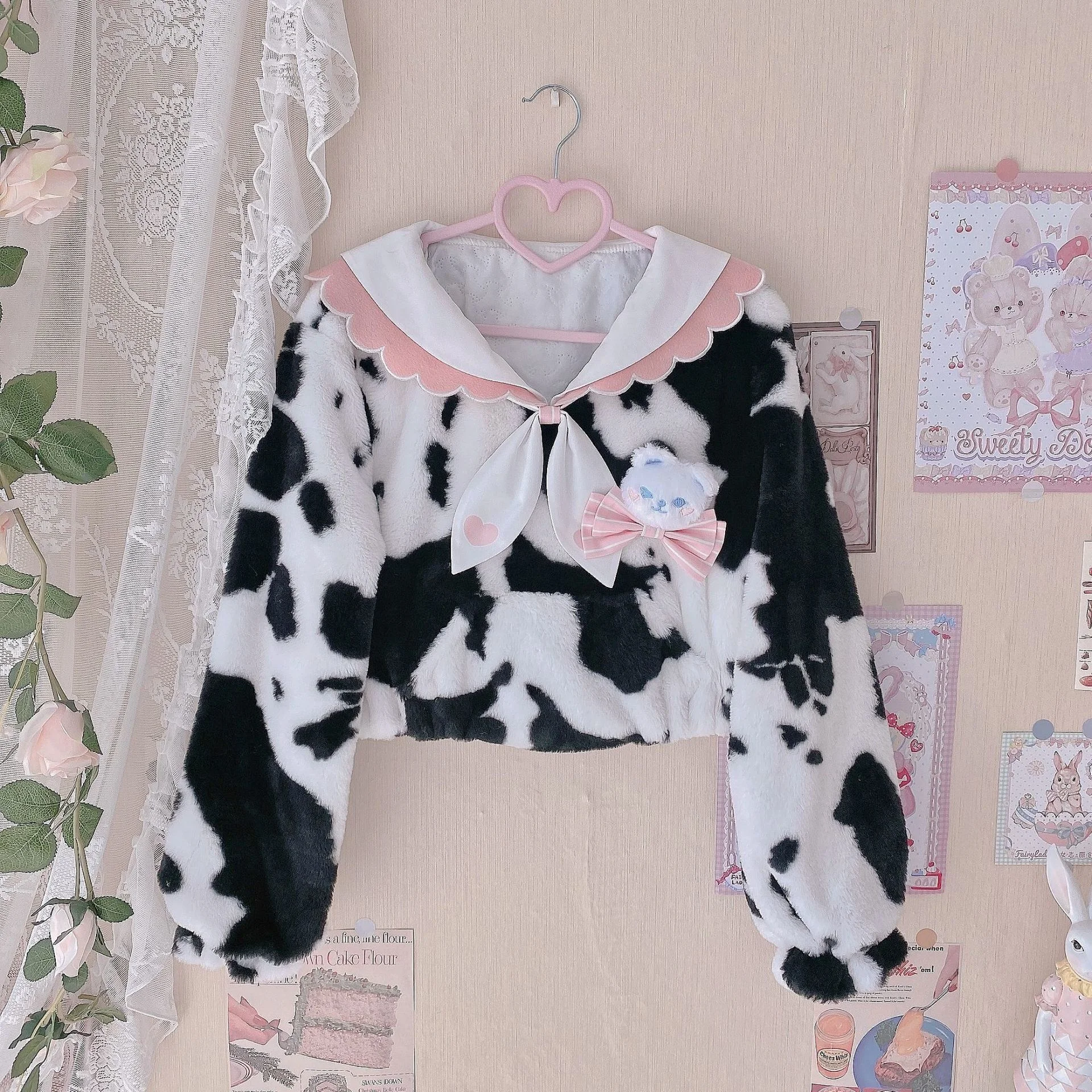 Cow Sweetheart Autumn Winter Lolita Coat Cute Student Cow Plush Sweater Jk Coat Plush Short Goth Dresses Women Lolita