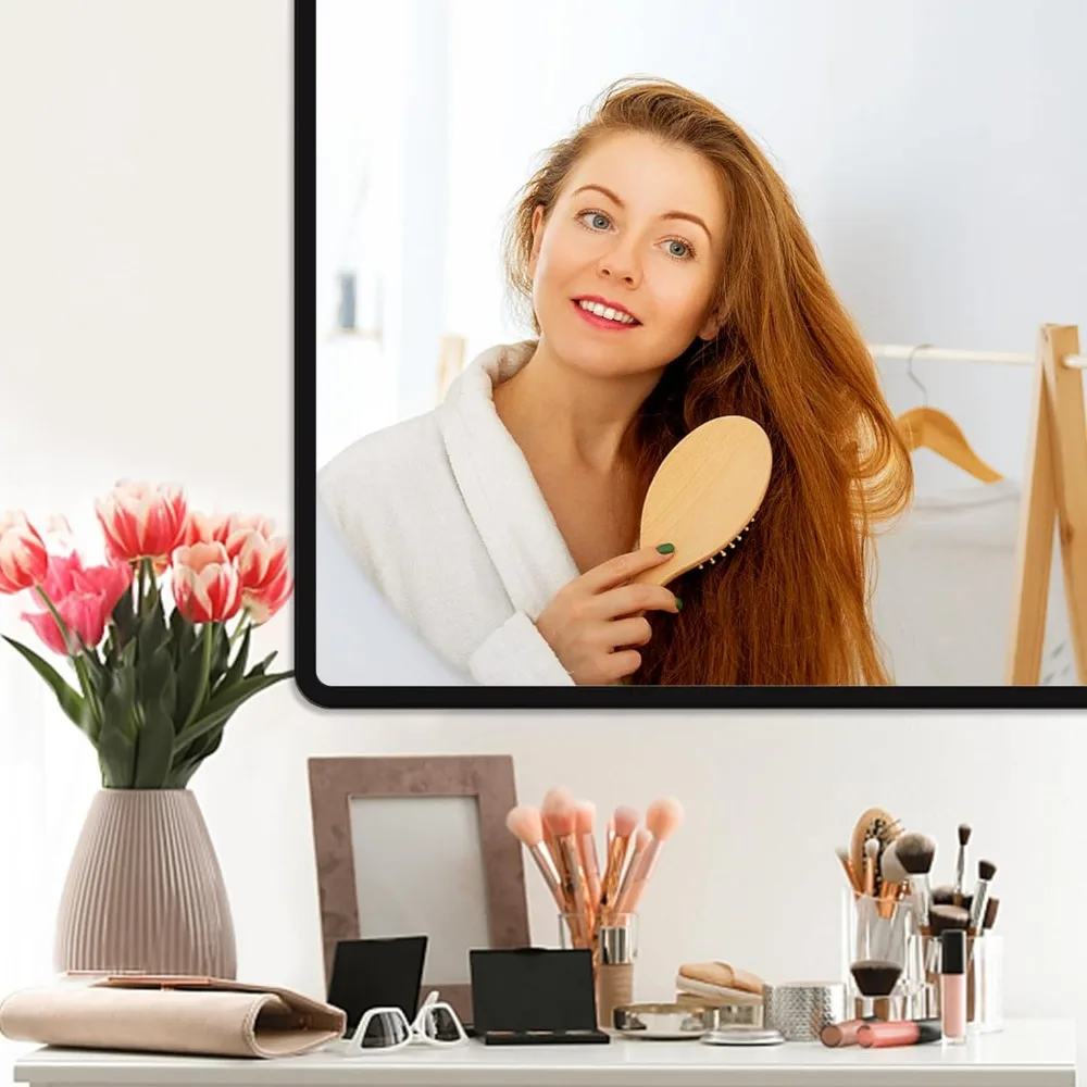 New Upgrade 55X36 Inch Wall Mounted Bathroom Mirror, Black Metal Frame Rounded Rectangle Mirror, Bathroom Vanity Mirror
