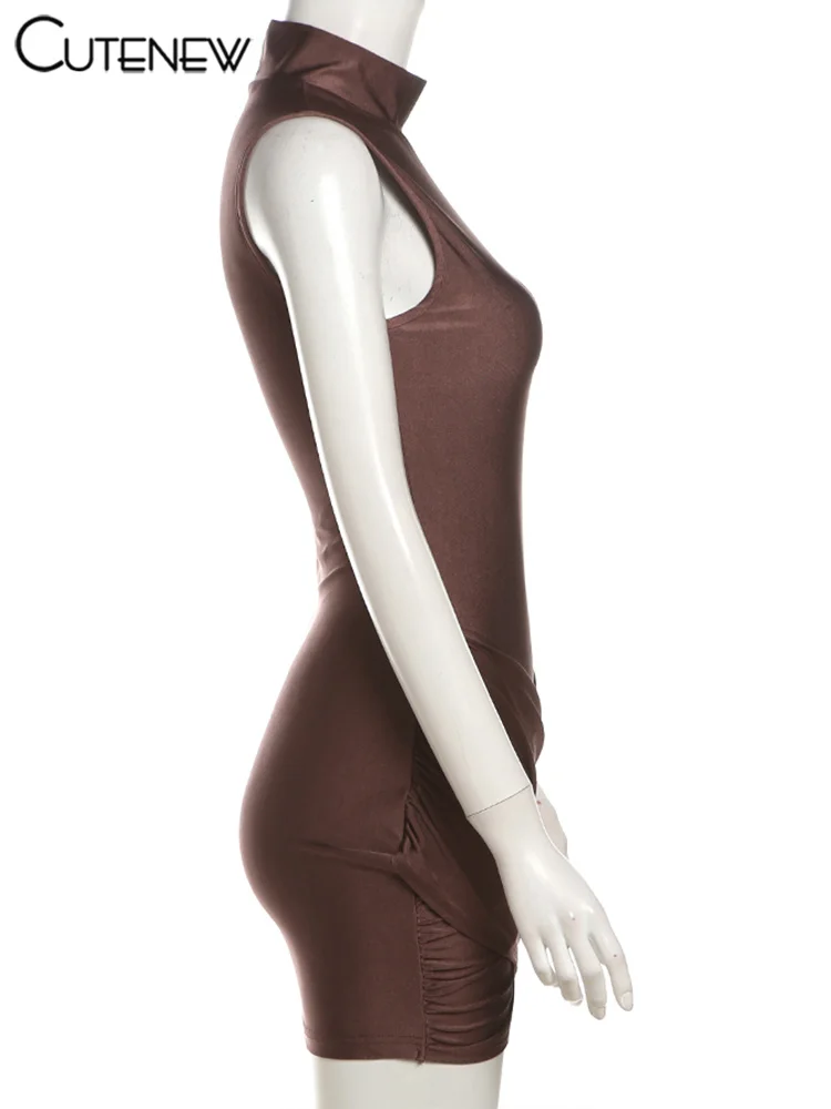 Nibber Kreuz Concise Mini Frauen Kleid Sommer Mode Ärmel Stehkragen Geraffte Chic Bodycon Weibliche Grundlegende Party Streetwear – Detail 3