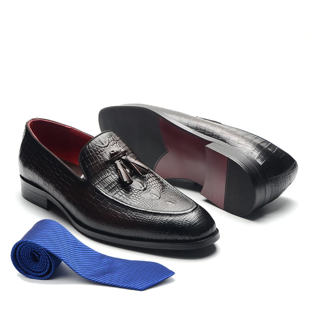 

XEBOS Luxury High Quality Male Genuine Leather Social Shoe Classic Crocodile Print Red Lining Elegant Tassel Slip-On Loafers