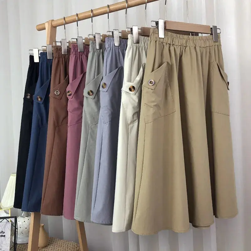 

2022 Women's Long Cargo Skirt Pocket Clothes for Girl Summer Spring Elegant Ladies Japanese Preppy Style Streetwear Clothing