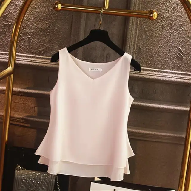 2022 Fashion Brand Women's Blouse Tops Summer Sleeveless Chiffon Shirt Solid V-neck Casual Blouse Plus Size 5XL Loose Female Top Pink