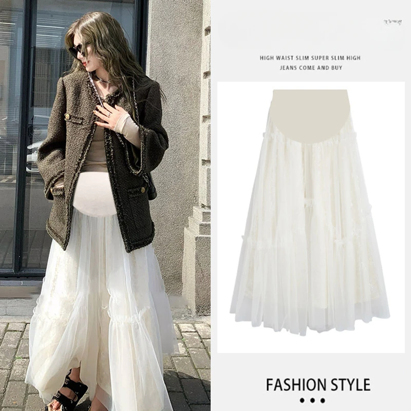 Good Quality Pregnant Woman Mesh Skirts for Autumn Irregular Ruffles Patchwork Maternity Mesh Skirt Luxury Pregnancy Belly Skirt