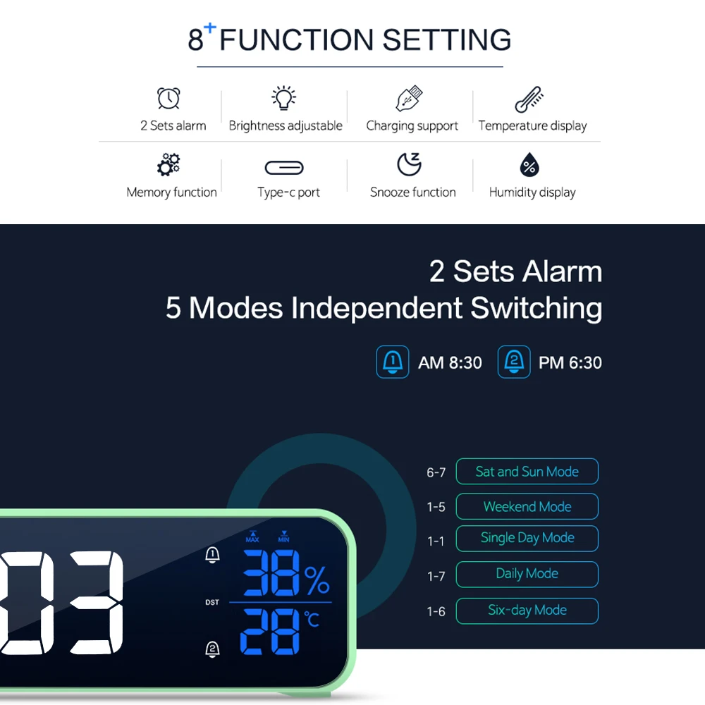 Music LED Digital Alarm Clock Voice Control Temperature Humidity Display Desktop Clocks Home Table Decoration Built-in 1200mAh 2