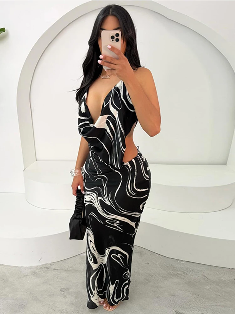 Nibber  Side Split Sexy Swing Collar Women Dress Thin Coquette Y2K Colorful Print Backless Midnight Clubwear Beach Party Bodycon