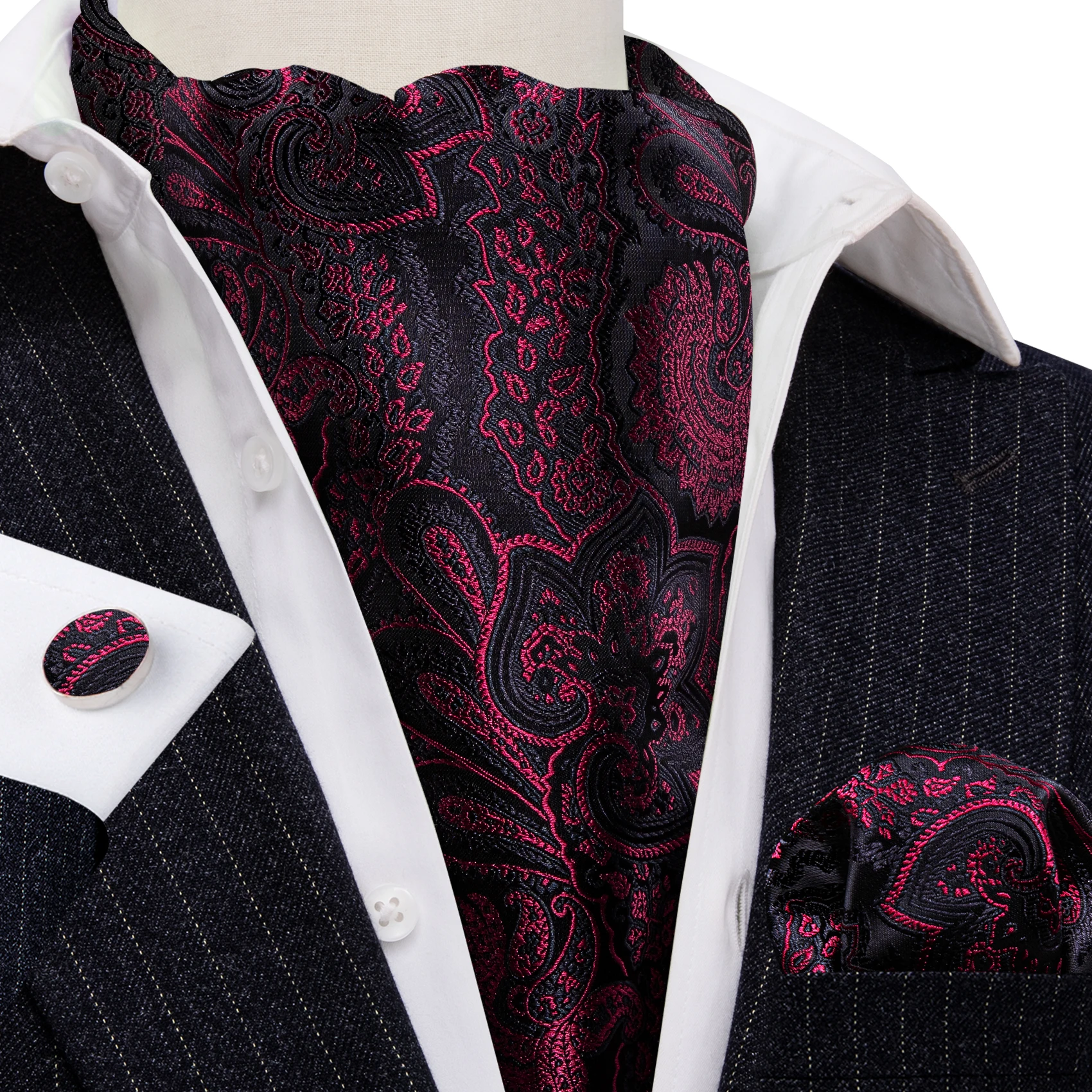 Neck Tie Barry.Wang Silk Men's Ascot Handkerchief Cufflinks Sets Designer Jacqaurd Cravat For Male Formal Casual Wedding Business