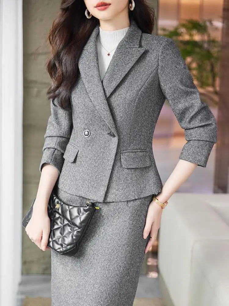 Winter Solid Woolen Businesss Slim Formal Office Lady Blazer Tops + Zipper Midi Split Skirt Women 2pcs Sets Elegant Quality Suit 3
