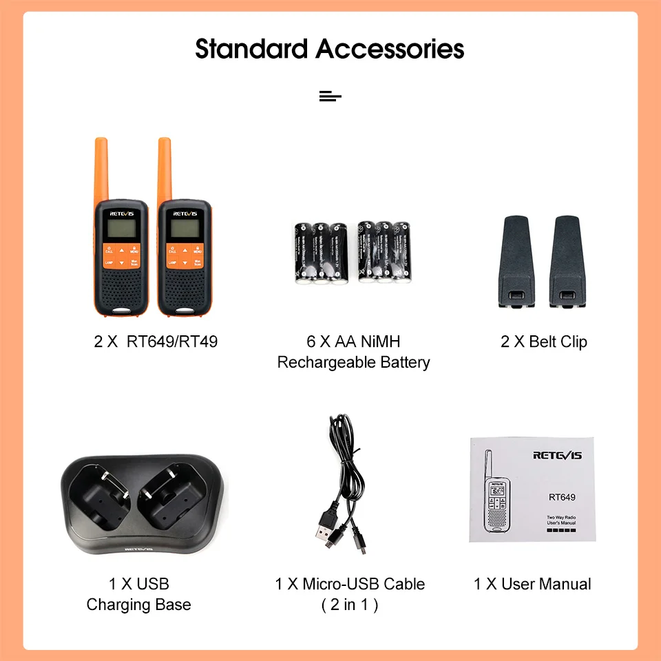 Retevis Walkie Talkie Waterproof PMR 446 RT649 2 pcs Walkie-talkies Rechargeable Portable Two-way Radio PTT for Hunting Fishing